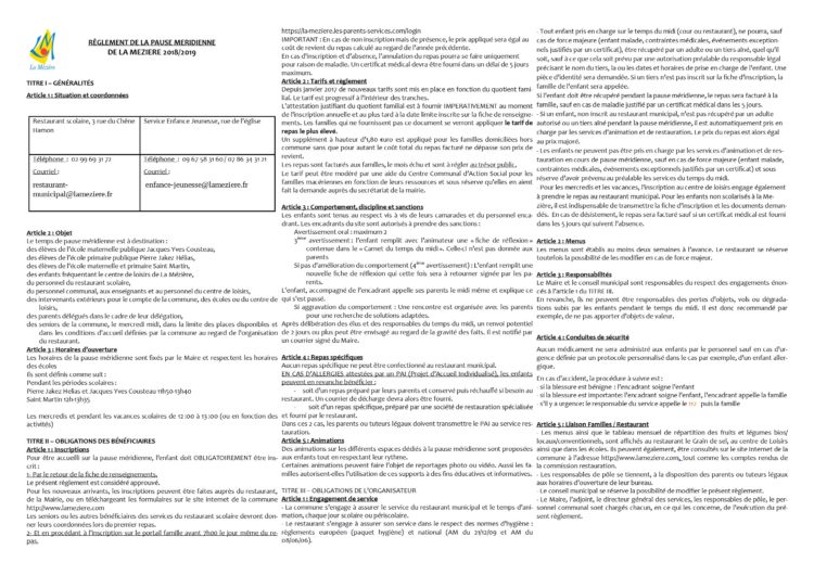 Règlement de la pause Méridienne et carnet du temps du midi